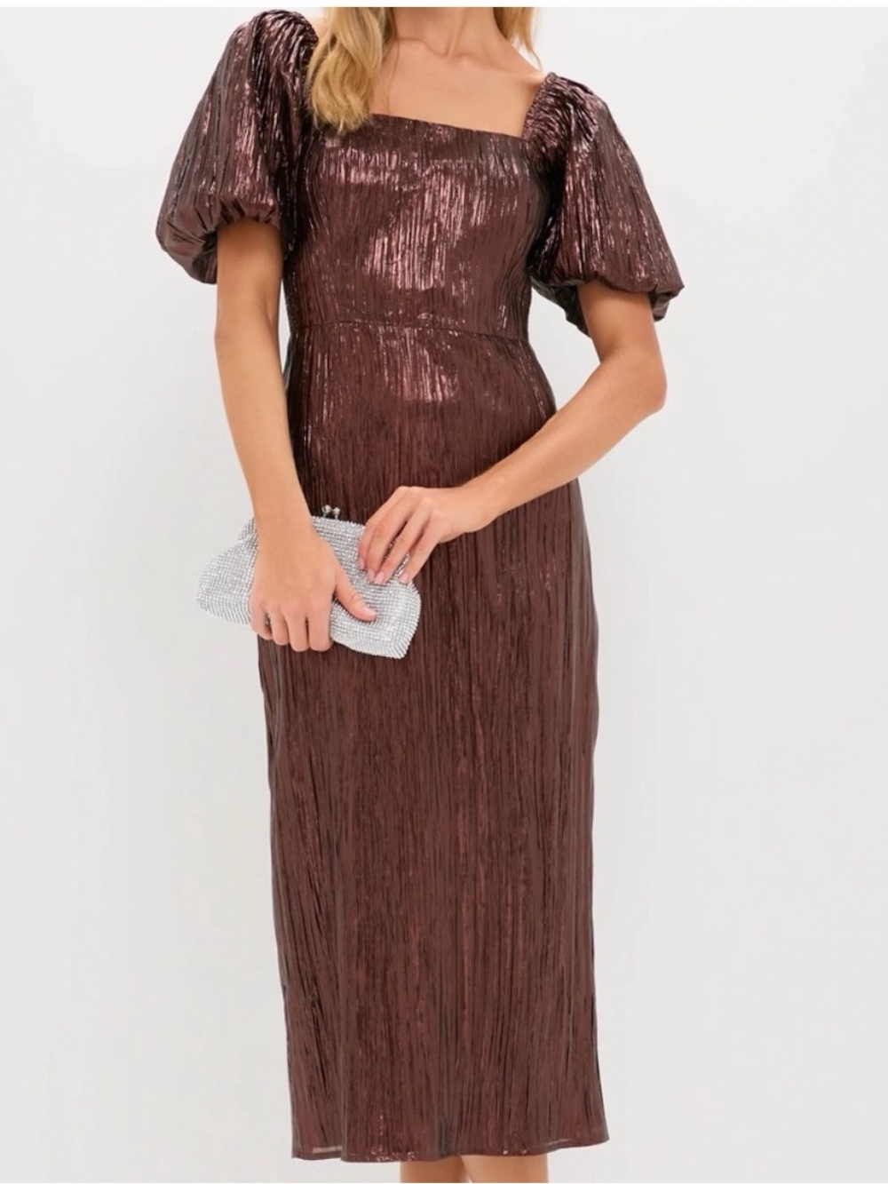 Square Neck Metallic Brown Puff-Sleeve Midi Dress